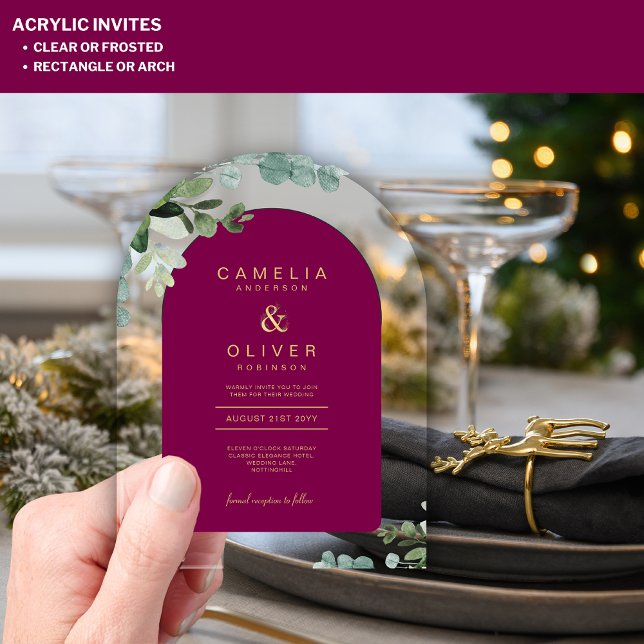 Invitations En Acrylique Zazzle Acrylique Mariage Magenta Feuilles Gold Tex (Créateur téléchargé)