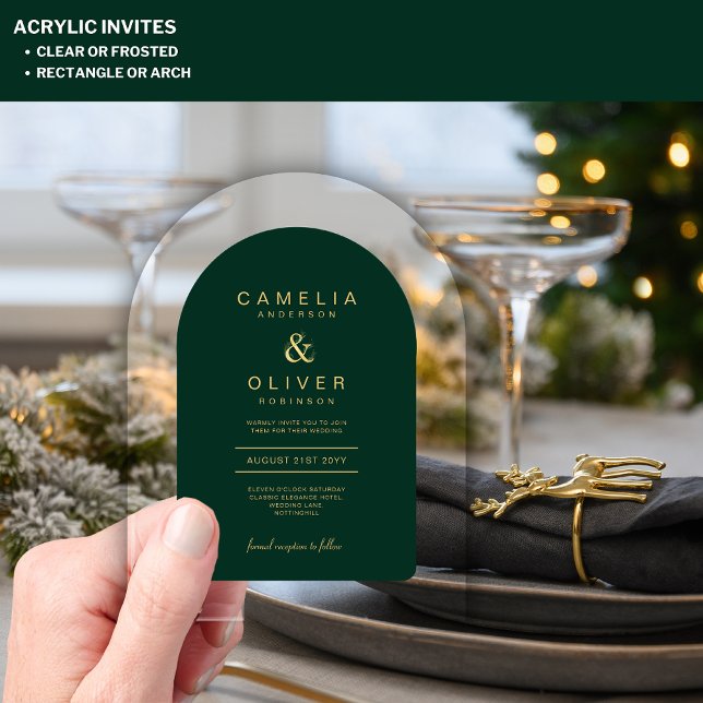 Invitations En Acrylique Zazzle Mariage acrylique Emerald Green Gold Texte (Créateur téléchargé)