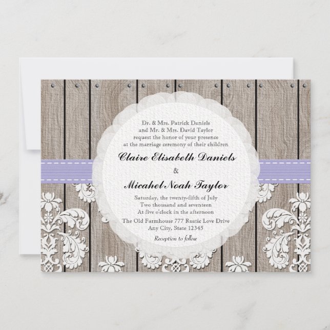 Invitations en bois de mariage de dentelle de (Devant)