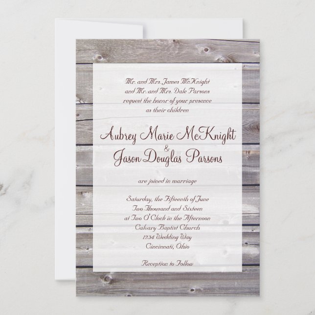 Invitations en bois de mariage de grange rustique (Devant)