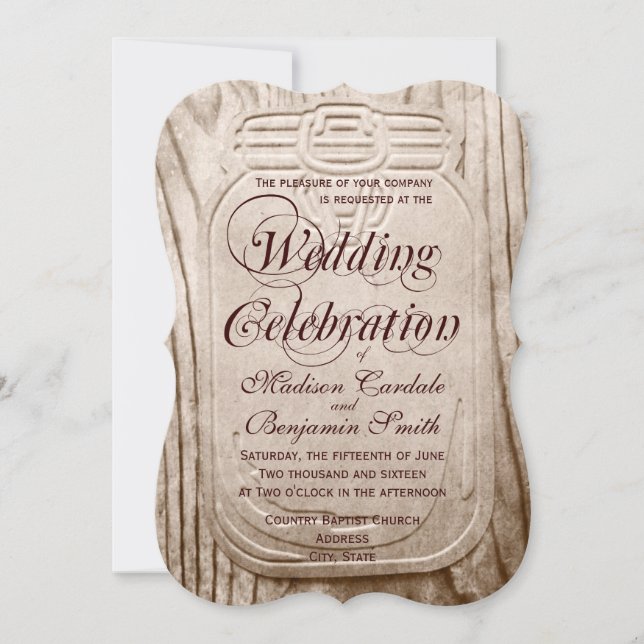 Invitations en bois rustiques de mariage de pot de (Devant)