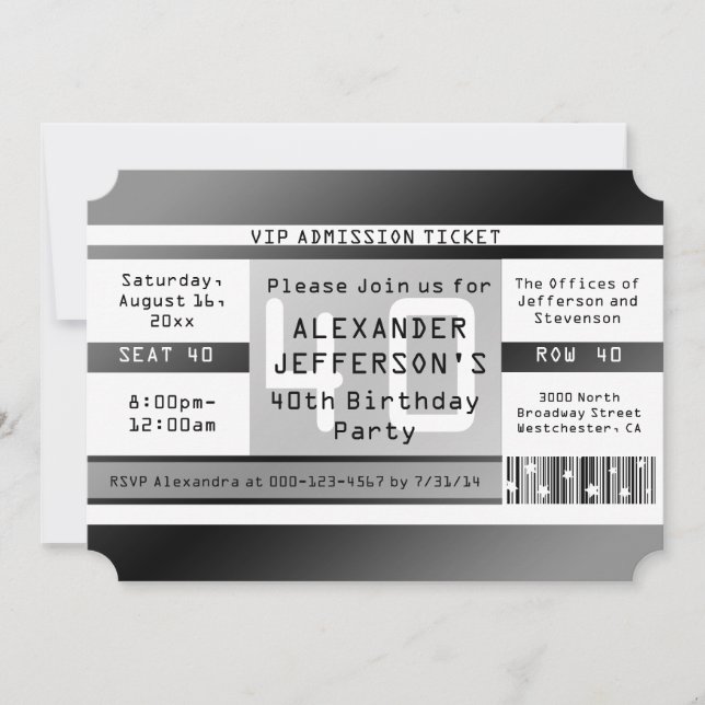 Invitations en forme de billet pour la fête du 40e (Devant)