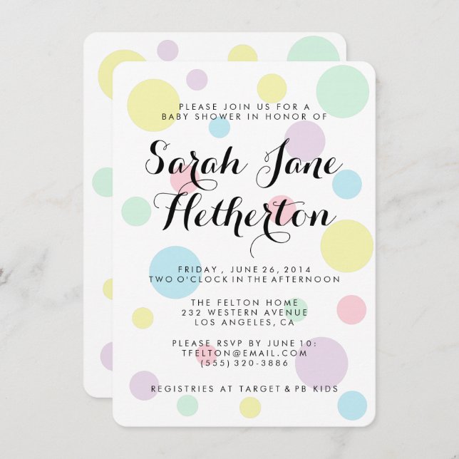 Invitations en pastel de baby shower de pois (Devant / Derrière)