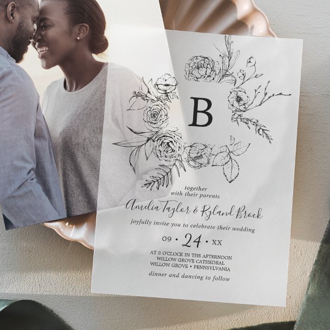 Invitations En Vélin AMELIA Boho Botanogramme Mariage floral (AMELIA Boho Botanical Monogram Floral Wedding Vellum Invitations)