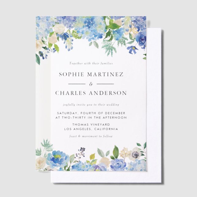 Invitations En Vélin Aquarelle bleu Hydrangea Mariage botanique (Compenser)