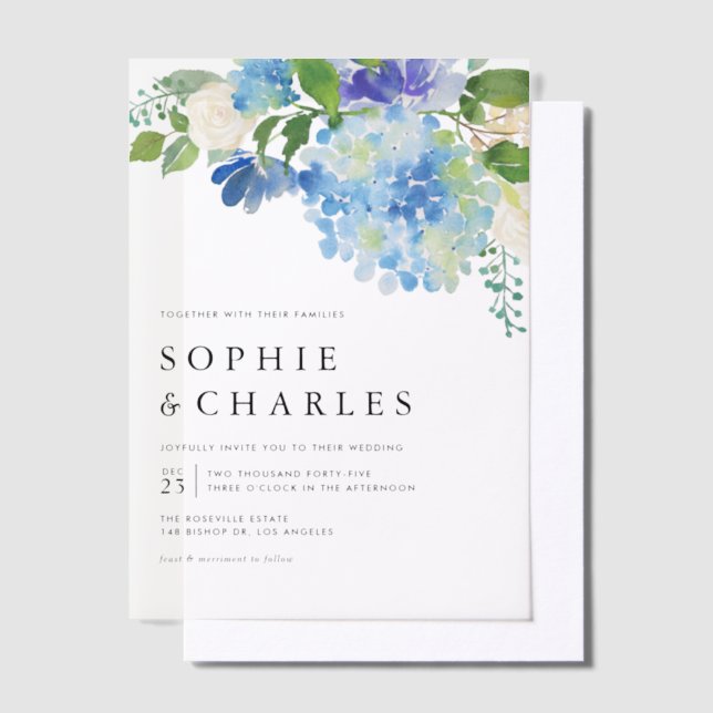 Invitations En Vélin Aquarelle bleue Hydrangea Hiver Floral Mariage (Compenser)