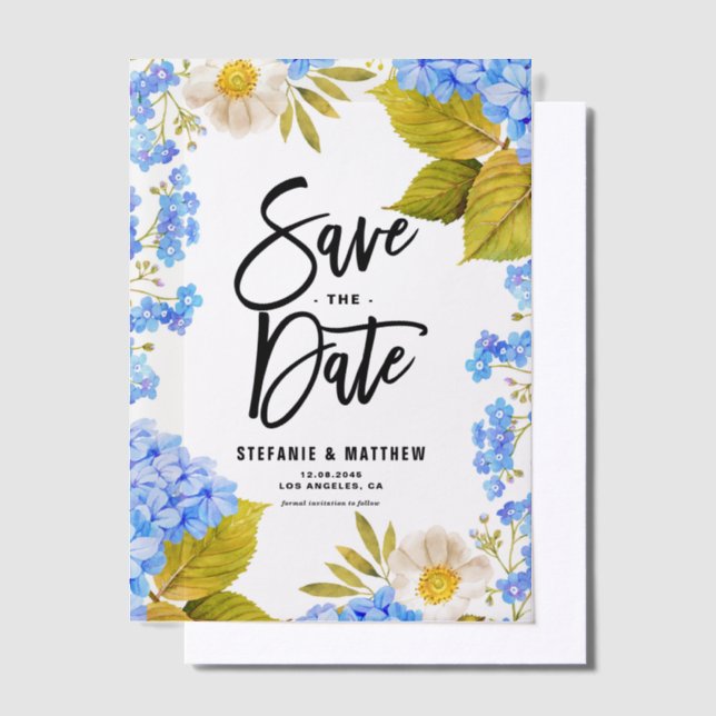 Invitations En Vélin Aquarelle Blue Hydrangea Floral Enregistrer La Dat (Compenser)