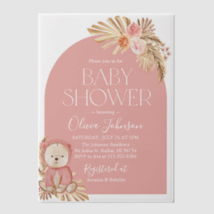 Invitations En Vélin Aquarelle Boho Teddy Bear Girl Baby shower rose