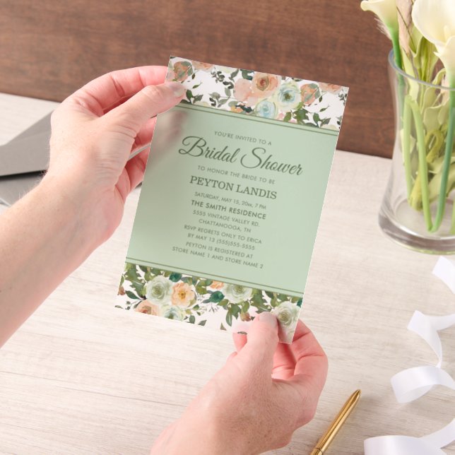 Invitations En Vélin Aquarelle de pêche à la menthe Fête des mariées fl (Ordinateur de poche)