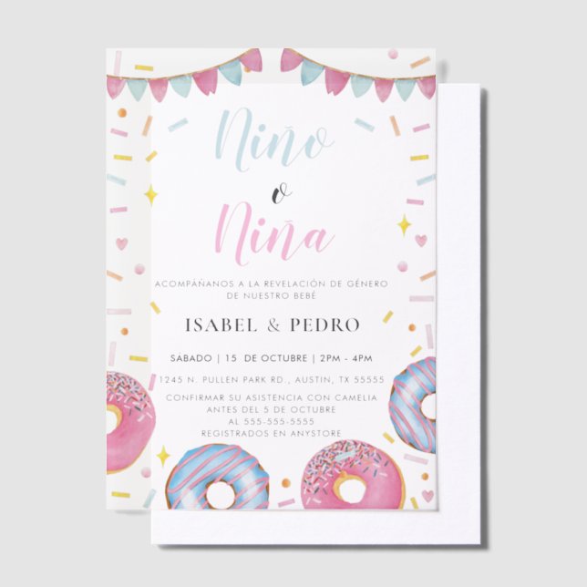 Invitations En Vélin Aquarelle Donuts & Confetti Spanish Gender Revela (Compenser)