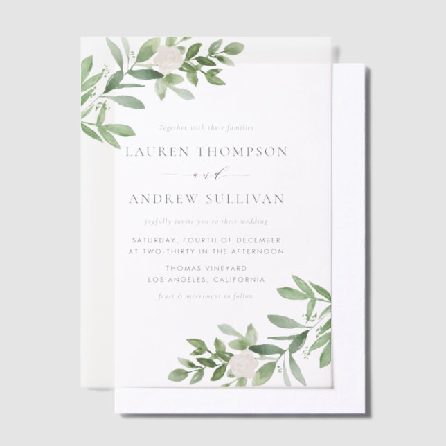 Invitations En Vélin Aquarelle Fleurs blanches et Mariage de verdure (Compenser)