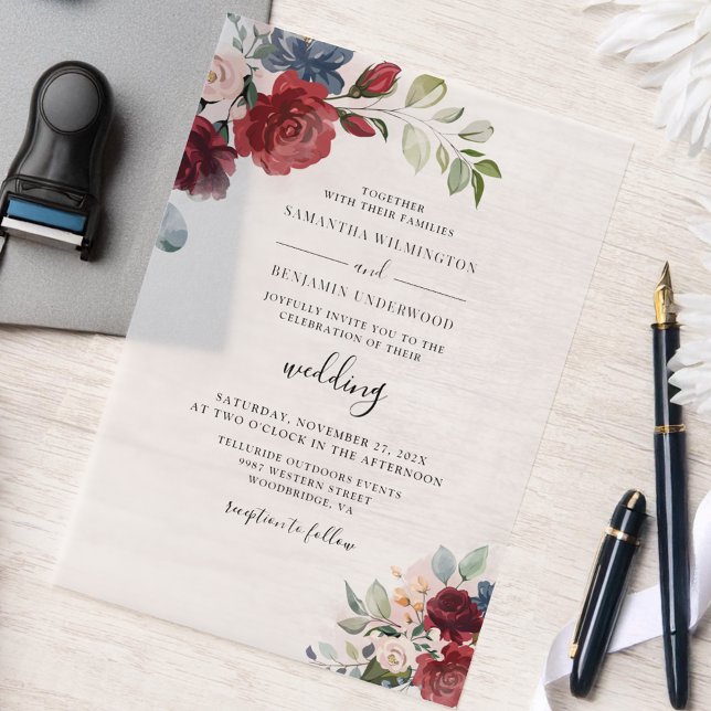 Invitations En Vélin Aquarelle Floral Mariage (Floral Burgundy Flowers Nature Watercolor Wedding Vellum Invitation)