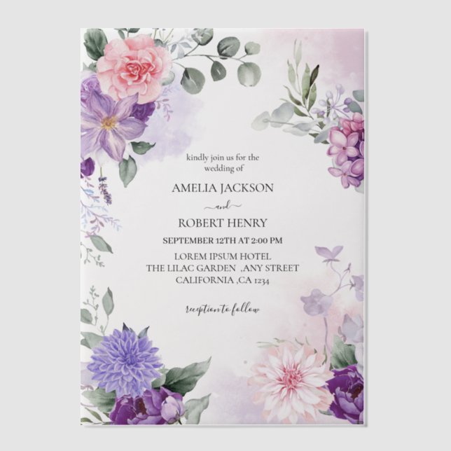 Invitations En Vélin Aquarelle florale Mariage de lavande lilas (Recto)