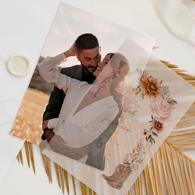 Invitations En Vélin Aquarelle Florale Western Cowboy Boots Mariage (Watercolor Florals Western Cowboy Boots Wedding Vellum Invitations)