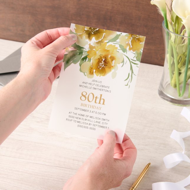 Invitations En Vélin Aquarelle jaune Floral 80e anniversaire