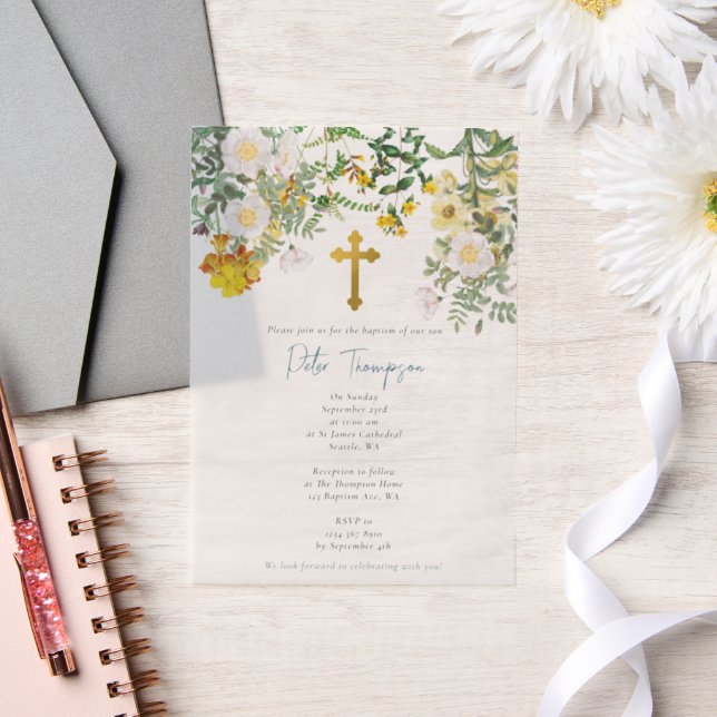 Invitations En Vélin Aquarelle jaune Rose Fleur Jardin Garçon Baptême (Mariage)