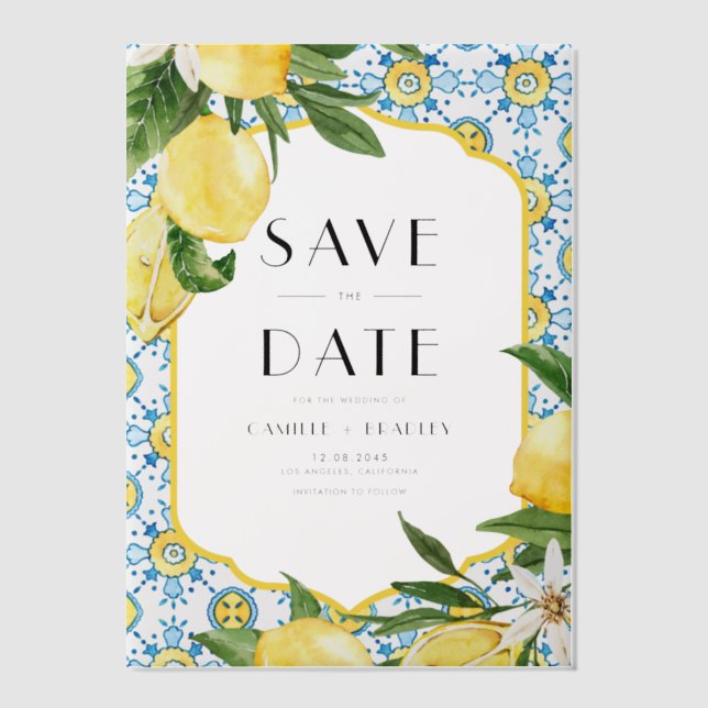 Invitations En Vélin Aquarelle Lemon Méditerranée Enregistrer la date (Recto)