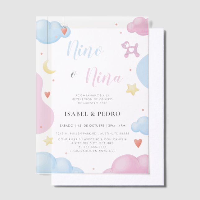 Invitations En Vélin Aquarelle Nuages & Étoiles Espagnol Genre Révélati (Compenser)