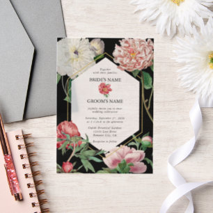 Invitations En Vélin Aquarelle Peonies rose Fleurs Mariage Noir