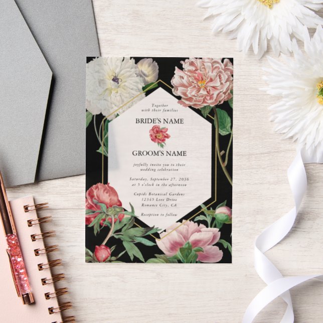 Invitations En Vélin Aquarelle Peonies rose Fleurs Mariage Noir (Mariage)