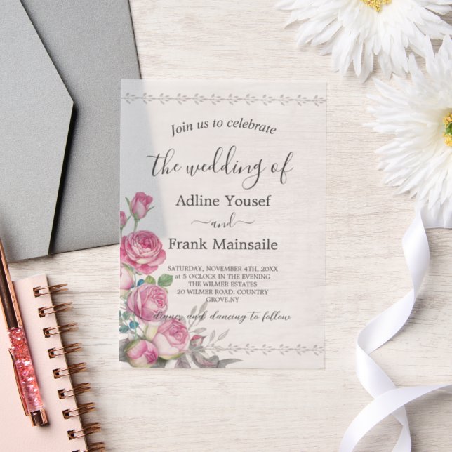 Invitations En Vélin Aquarelle Rose Vellum Overlay (Mariage)