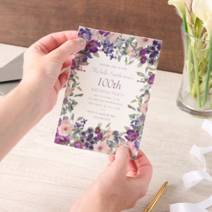 Invitations En Vélin Aquarelle rose violet. Anniversaire 100 ans Floral