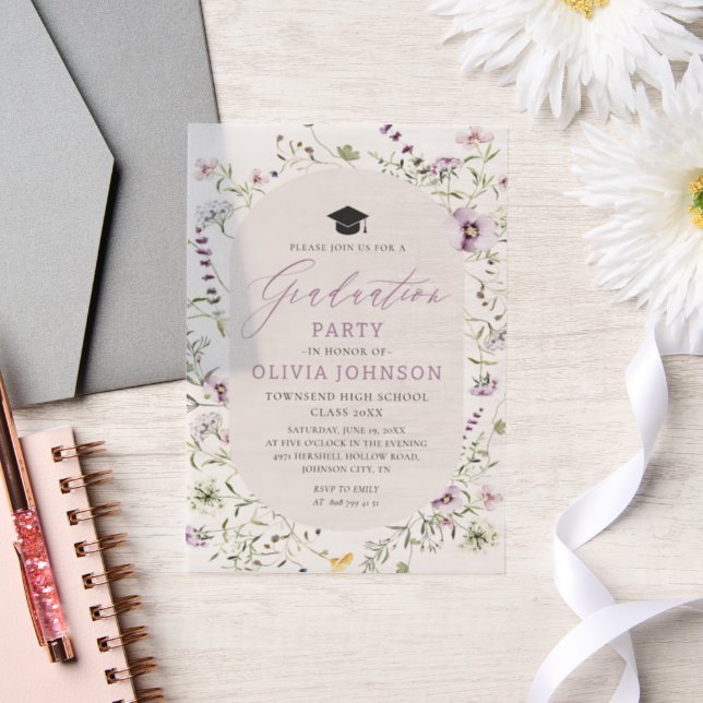 Invitations En Vélin Aquarelle rose violet Fleur sauvage Graduation (Mariage)