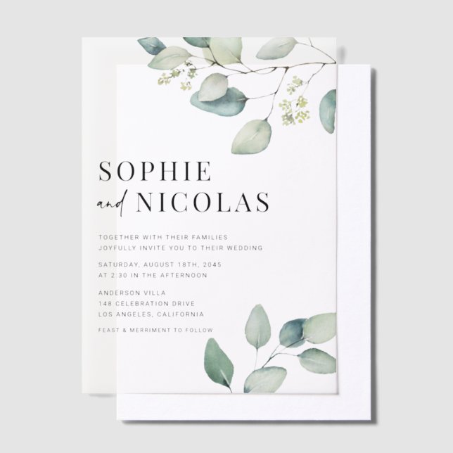 Invitations En Vélin Aquarelle Sage vert Eucalyptus Mariage (Compenser)