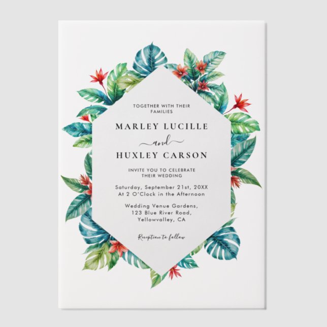 Invitations En Vélin Aquarelle tropicale Cadre de feuillage Mariage mod (Recto)