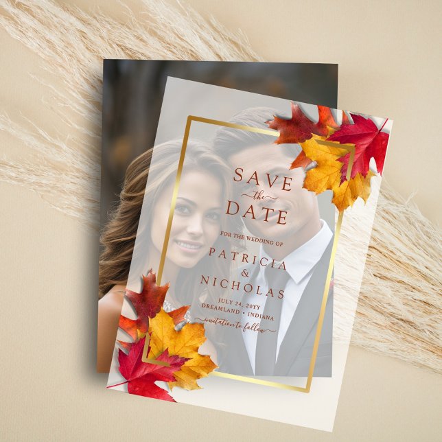Invitations En Vélin Automne Leaves Golden Frame Wedding Enregistrer la (Créateur téléchargé)