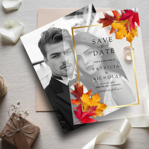 Invitations En Vélin Automne Leaves Golden Frame Wedding Enregistrer la