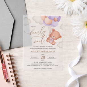 Invitations En Vélin Baby Bear, Cute Bear, Ballons Violets, Baby Shower