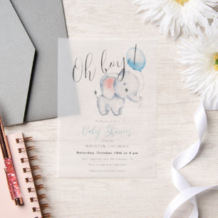 Invitations En Vélin Baby Elephant & Baby shower Bleu Balloon