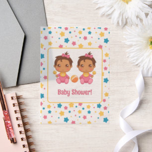 Invitations En Vélin Baby shower Girl Twins étoiles Dark Insert