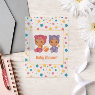 Invitations En Vélin Baby shower Twins Chat Ours Étoiles Dark Insertion