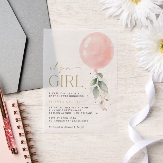 Invitations En Vélin Balcon rose, Eucalyptus, Verdure, Baby shower (Mariage)