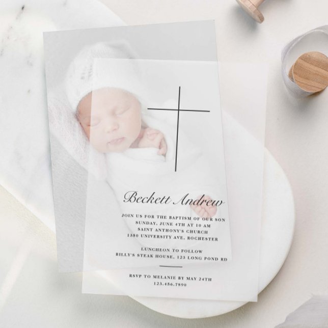 Invitations En Vélin Baptême Croix Simple en Or Script (Elegant, simple cross vellum baptism invitaitons.)
