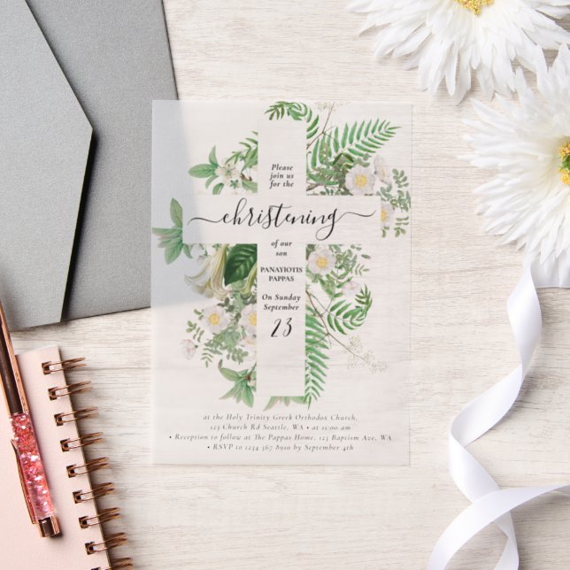 Invitations En Vélin Baptême grec orthodoxe Christening Cross Green (Mariage)