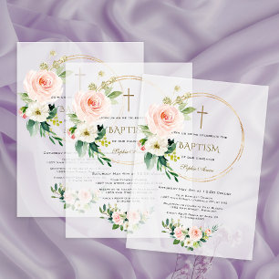 Invitations En Vélin Baptême Luxueux Rose Foncé Floral Croix Or