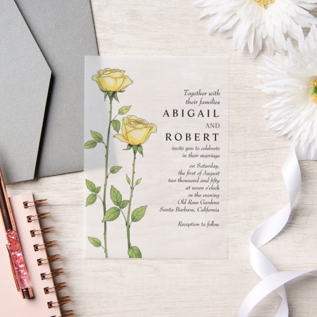 Invitations En Vélin Beurre fleurs rose jaune mariage romantique floral (Mariage)