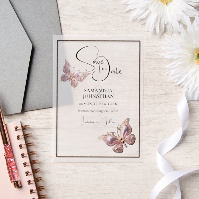 Invitations En Vélin Bijou papillon argent rose enregistrer la date (Mariage)
