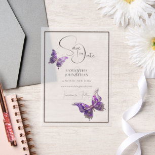 Invitations En Vélin Bijou papillon argent violet enregistrer la date