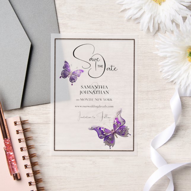 Invitations En Vélin Bijou papillon argent violet enregistrer la date (Mariage)