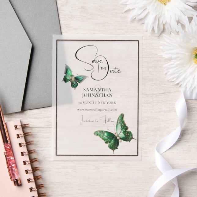 Invitations En Vélin Bijou papillon vert émeraude argent sauver la date (Mariage)