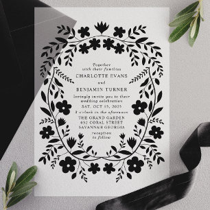 Invitations En Vélin Black Folk Art Floral Frame Mariage