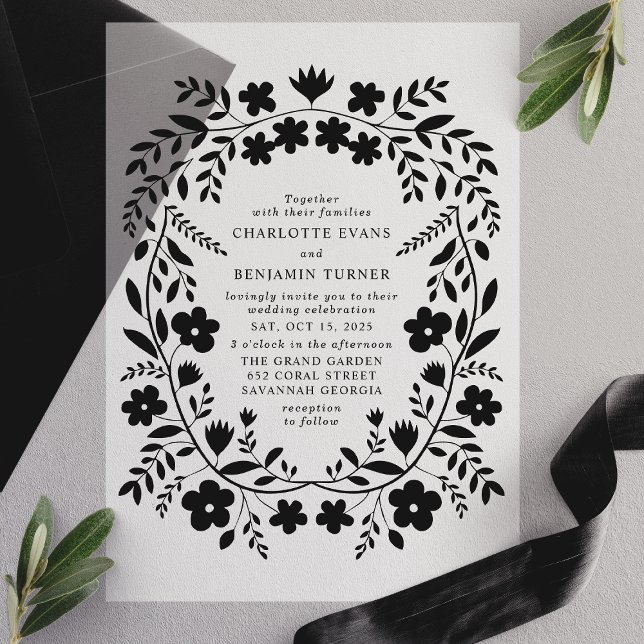 Invitations En Vélin Black Folk Art Floral Frame Mariage (Créateur téléchargé)