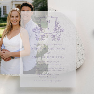 Invitations En Vélin Blason Floral Violet Élégant Monogramme Mariage