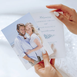 Invitations En Vélin Bleu classique élégant gravé floral