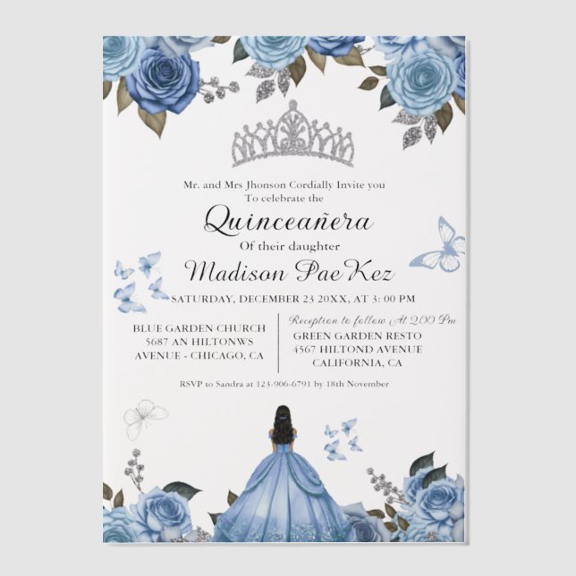Invitations En Vélin Bleu Royal Floral Butterfly Quinceanera (Recto)