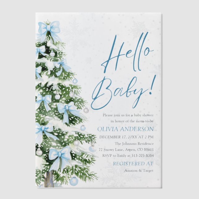 Invitations En Vélin Blue Bows Christmas Tree Hello Baby Baby shower (Recto)
